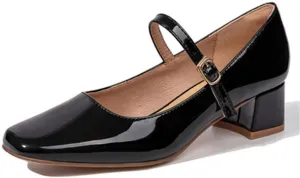 Women's Retro Square Toe Shallow Cut Mary Jane Shoes Fashion Patent Leather Handmade Buckle Low Heels Mary Jane High Heels