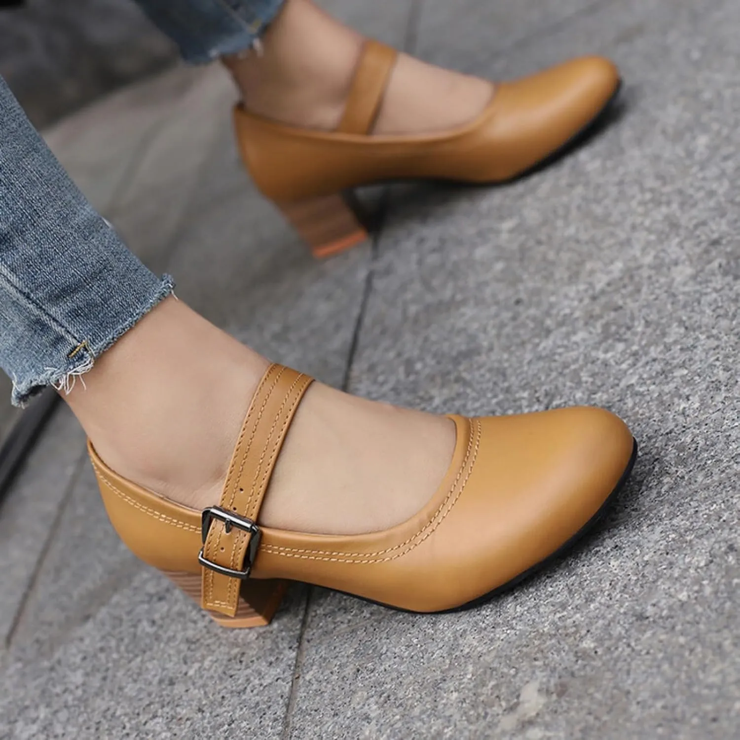Women's Round Toe Closed Low Chunky Heel Block Ankle Strap Buckle Mary Jane Shoes Comfort Office Work Wedding Party Dress Pumps
