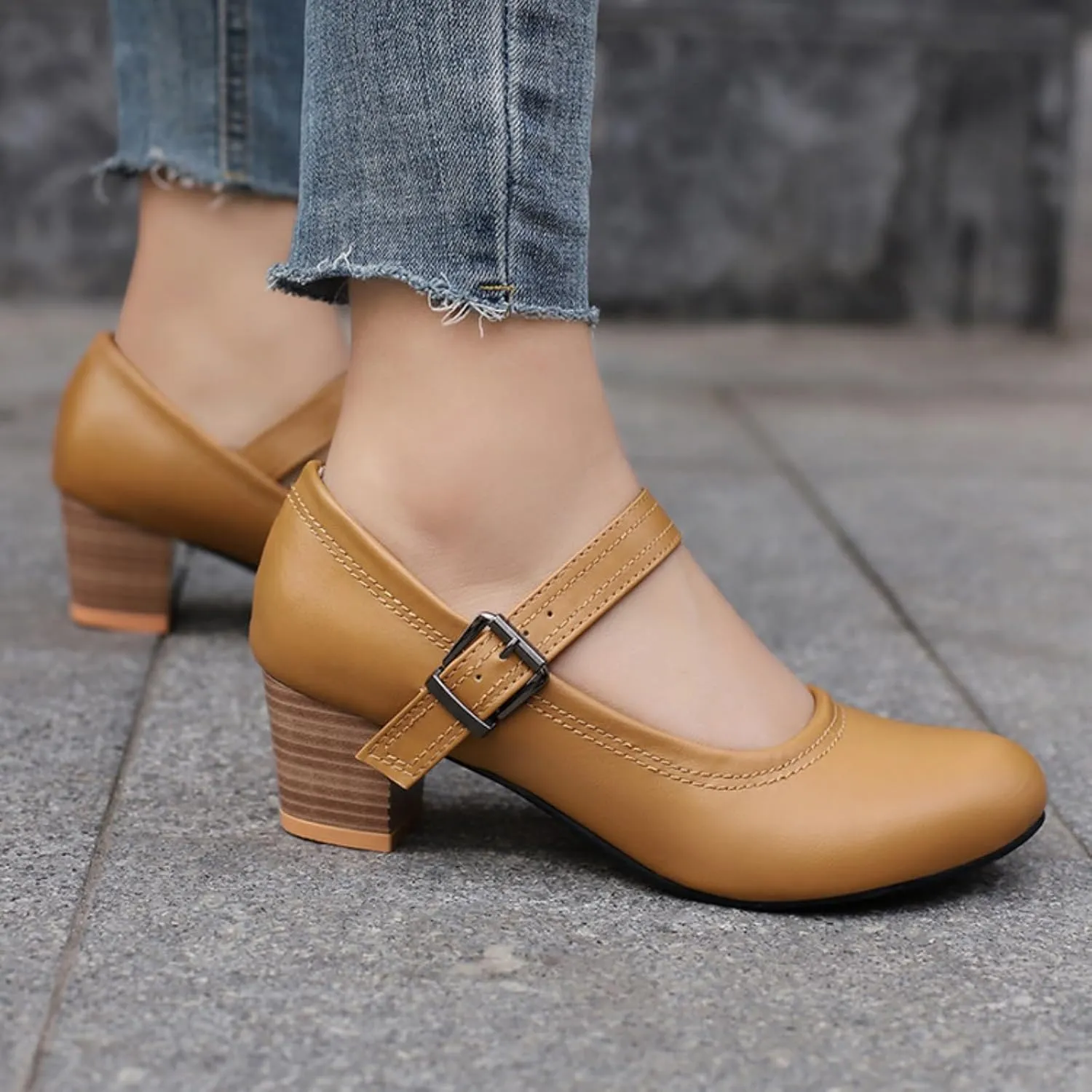 Women's Round Toe Closed Low Chunky Heel Block Ankle Strap Buckle Mary Jane Shoes Comfort Office Work Wedding Party Dress Pumps