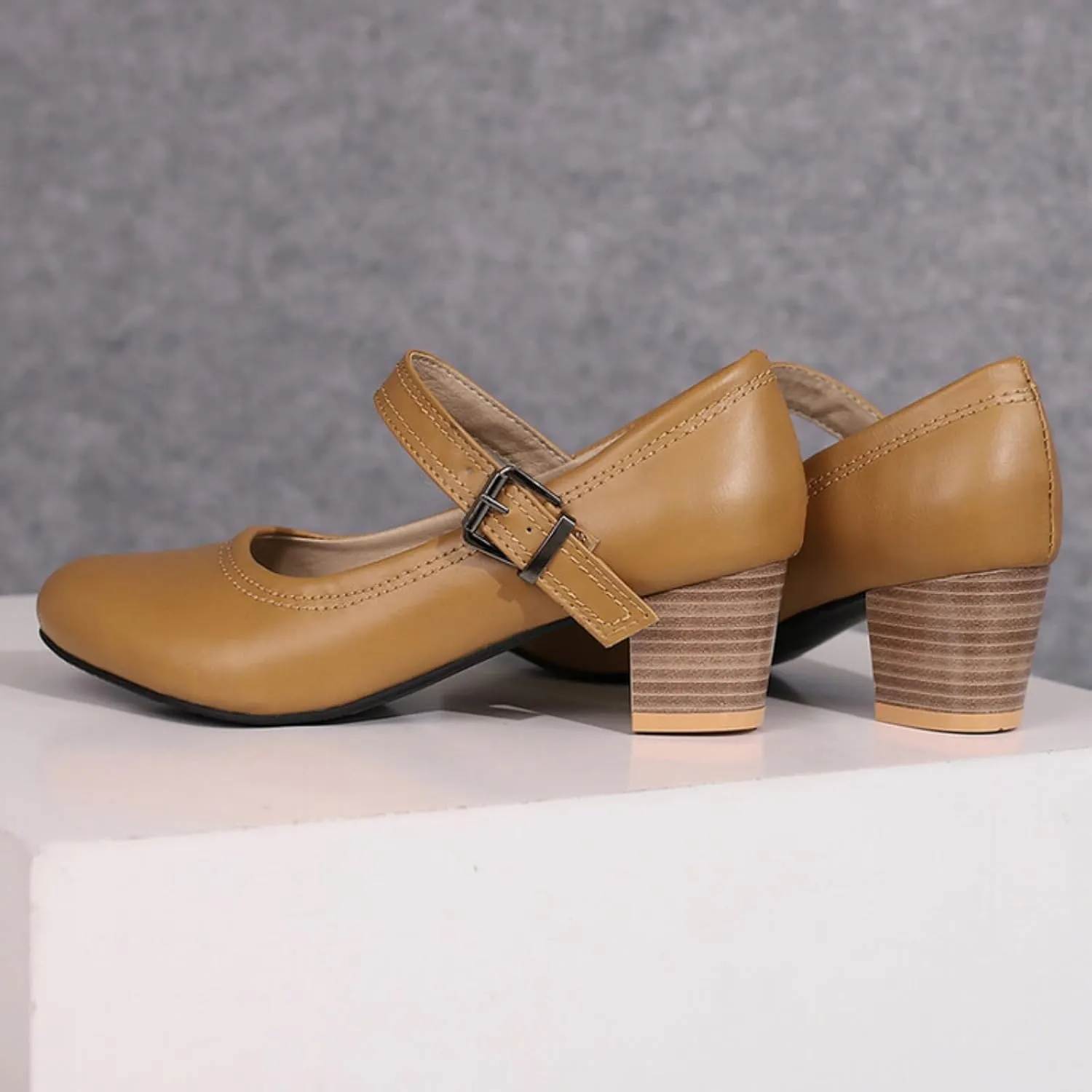 Women's Round Toe Closed Low Chunky Heel Block Ankle Strap Buckle Mary Jane Shoes Comfort Office Work Wedding Party Dress Pumps