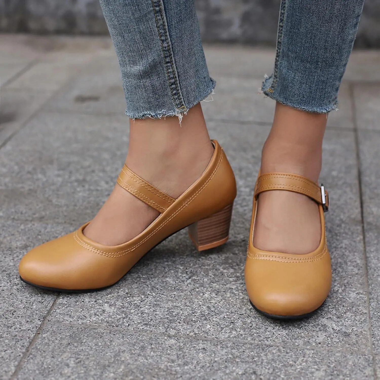 Women's Round Toe Closed Low Chunky Heel Block Ankle Strap Buckle Mary Jane Shoes Comfort Office Work Wedding Party Dress Pumps