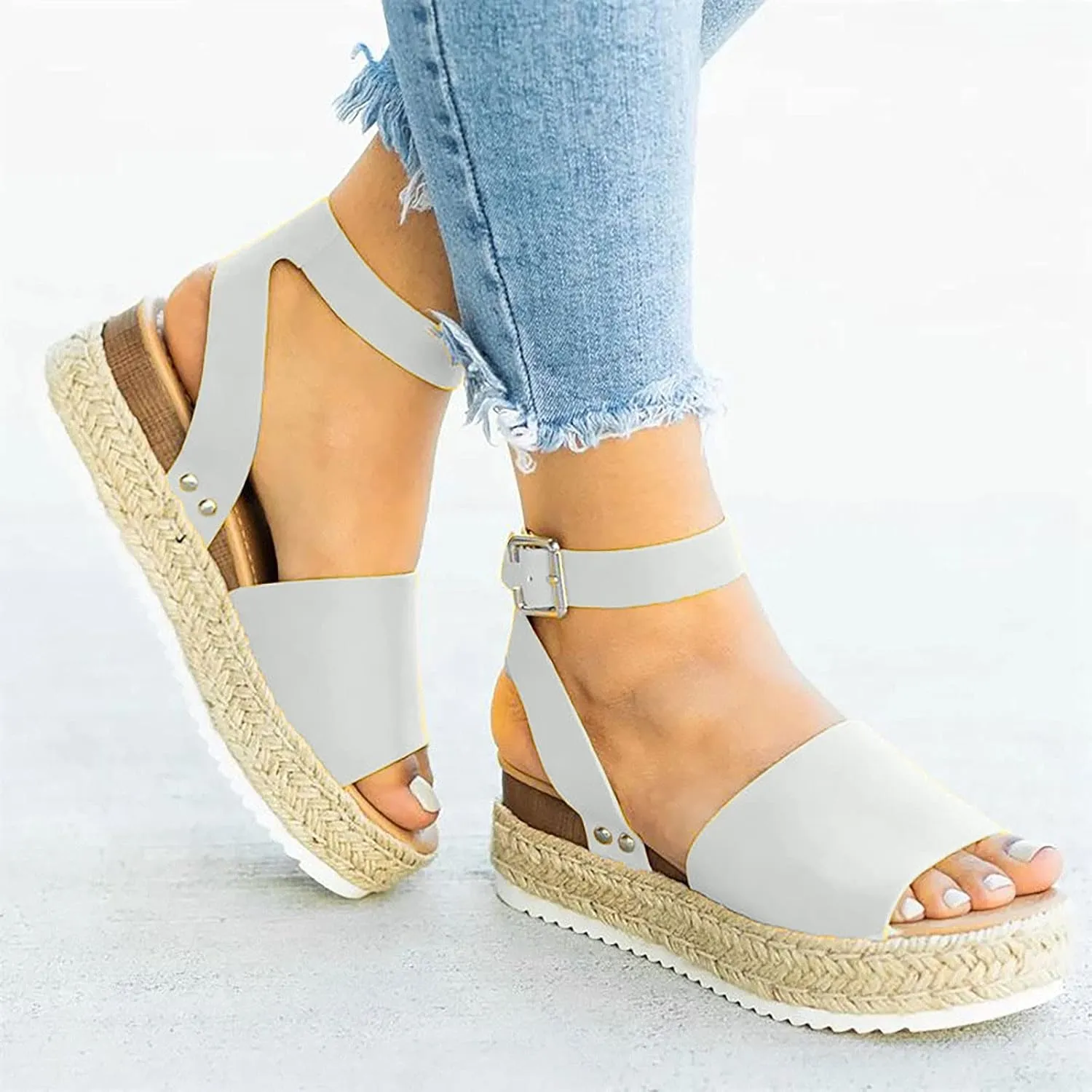 Women's Sandals Dressy Casual 2025 Summer Open Toe Buckle Ankle Strap Espadrilles Flatform Shoes Comfy Wedge Sandal