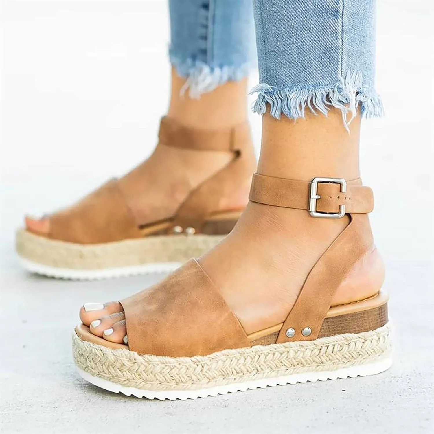 Women's Sandals Dressy Casual 2025 Summer Open Toe Buckle Ankle Strap Espadrilles Flatform Shoes Comfy Wedge Sandal