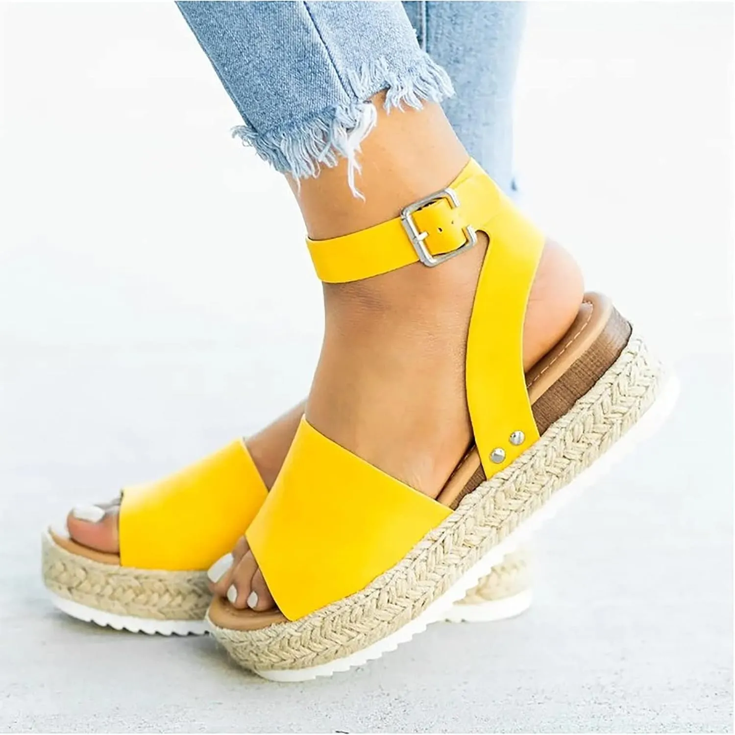 Women's Sandals Dressy Casual 2025 Summer Open Toe Buckle Ankle Strap Espadrilles Flatform Shoes Comfy Wedge Sandal