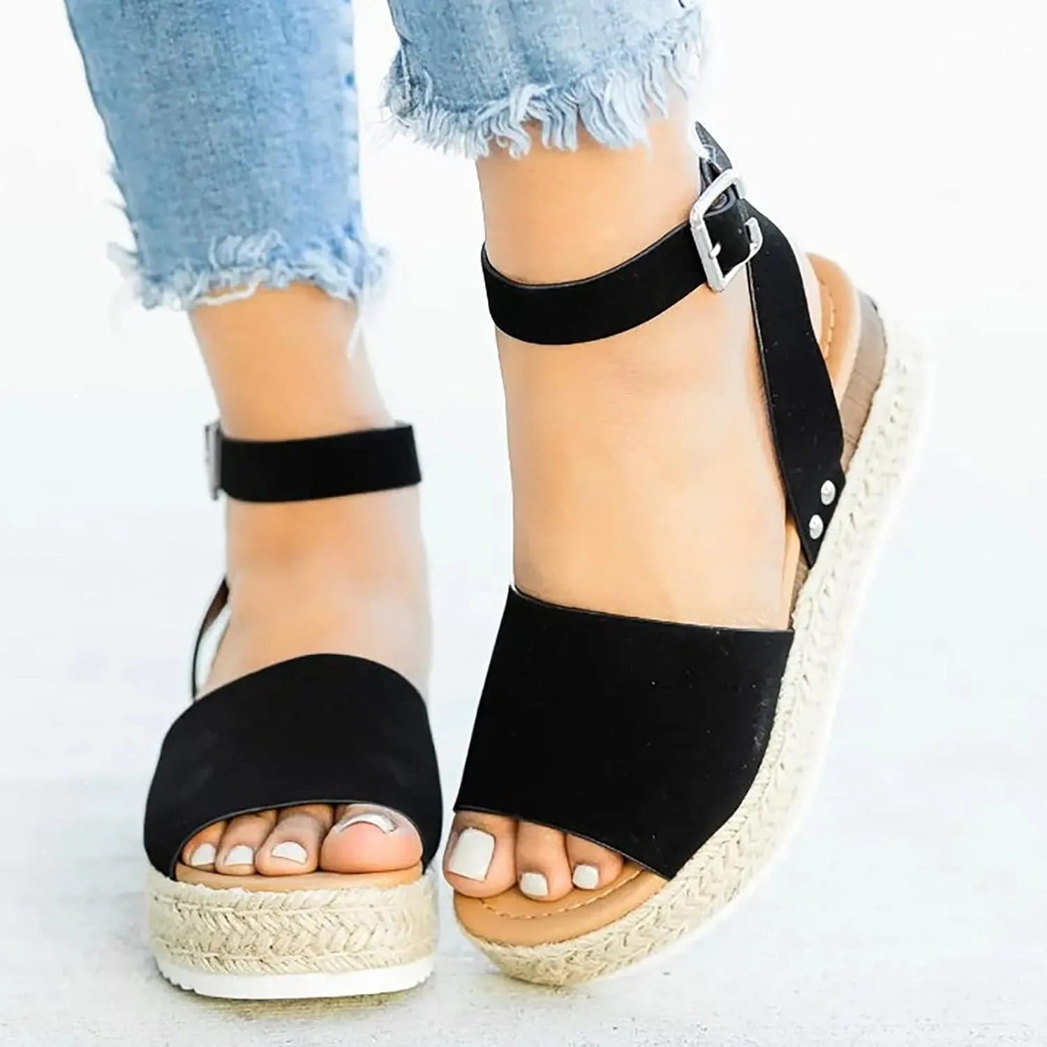 Women's Sandals Dressy Casual 2025 Summer Open Toe Buckle Ankle Strap Espadrilles Flatform Shoes Comfy Wedge Sandal