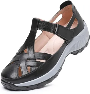 Womens Sandals Top layer cowhide casual retro women's sandals genuine leather hollow rocking shoes closed toe braided Roman women's shoes summer