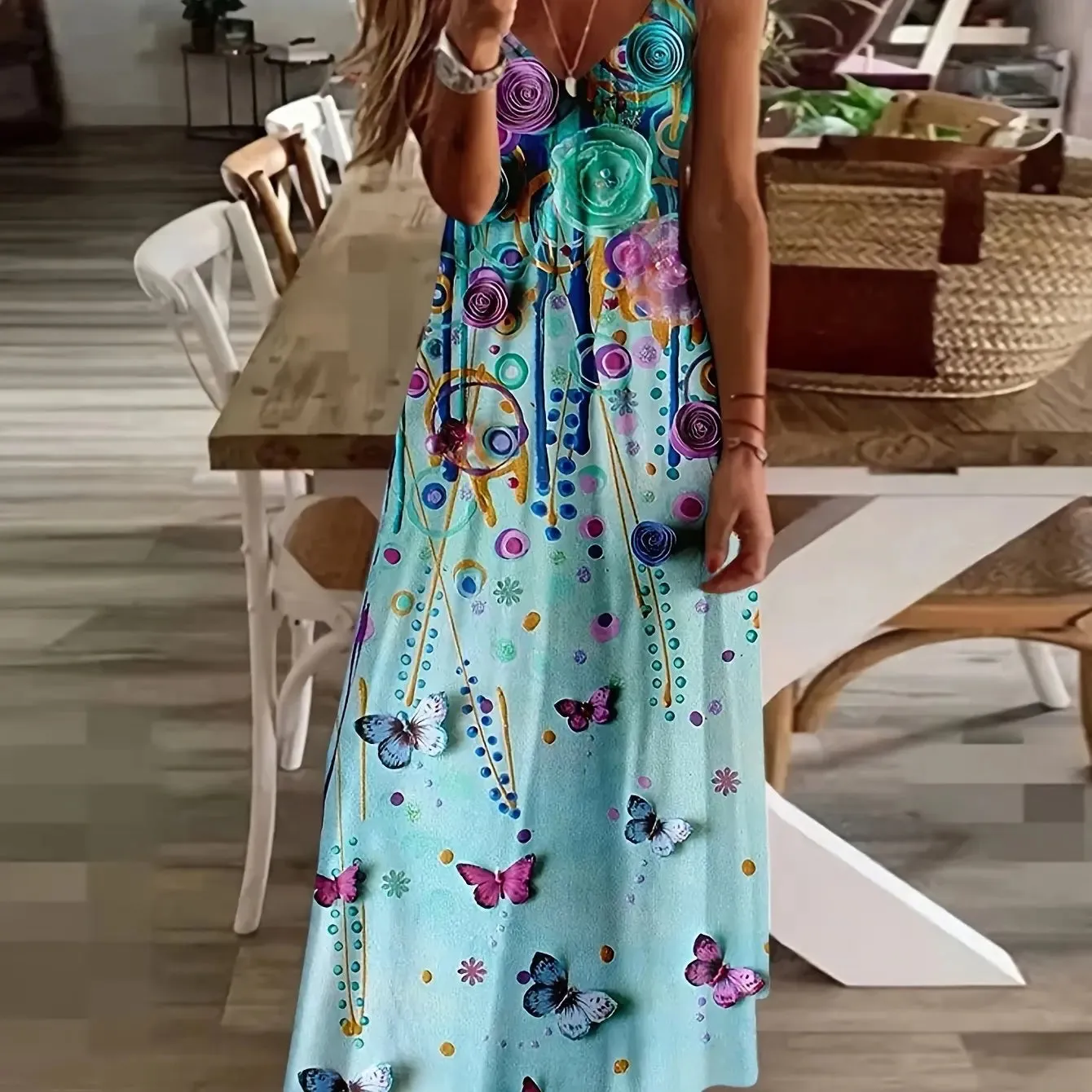 Women's Summer Dresses Casual Fashion Ankle Sleeveless Bohemian Print Beach Resort Style Long Dress
