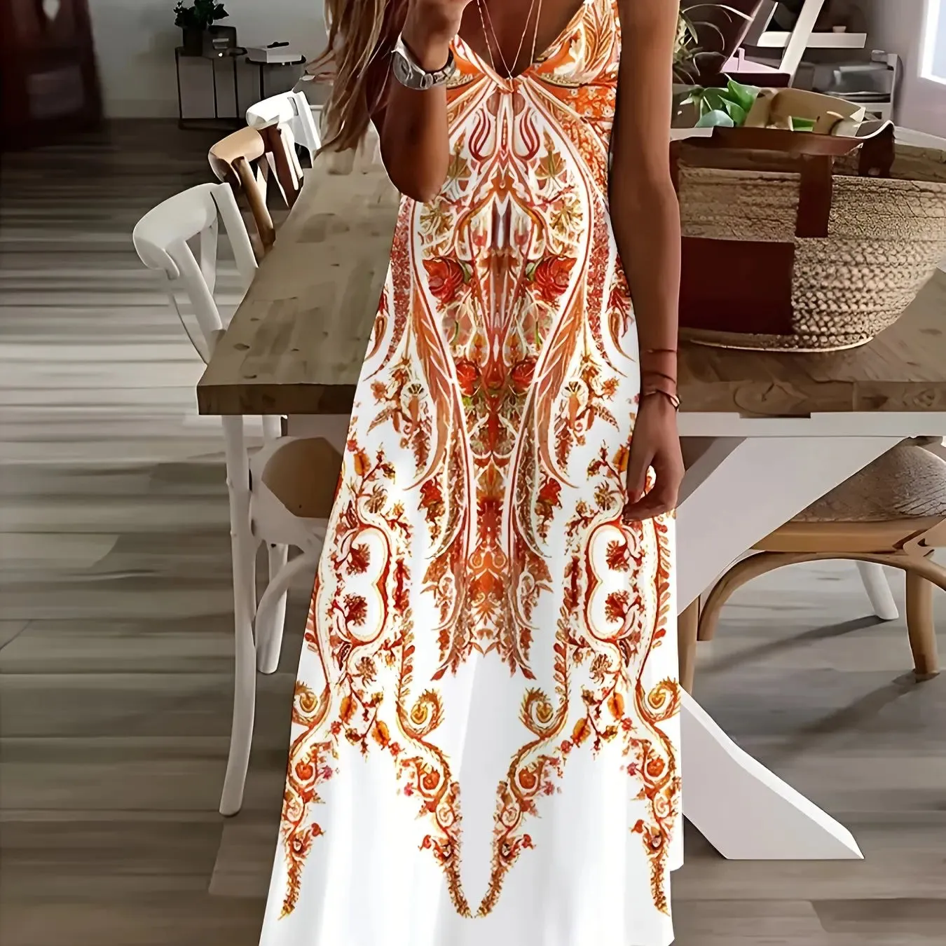 Women's Summer Dresses Casual Fashion Ankle Sleeveless Bohemian Print Beach Resort Style Long Dress
