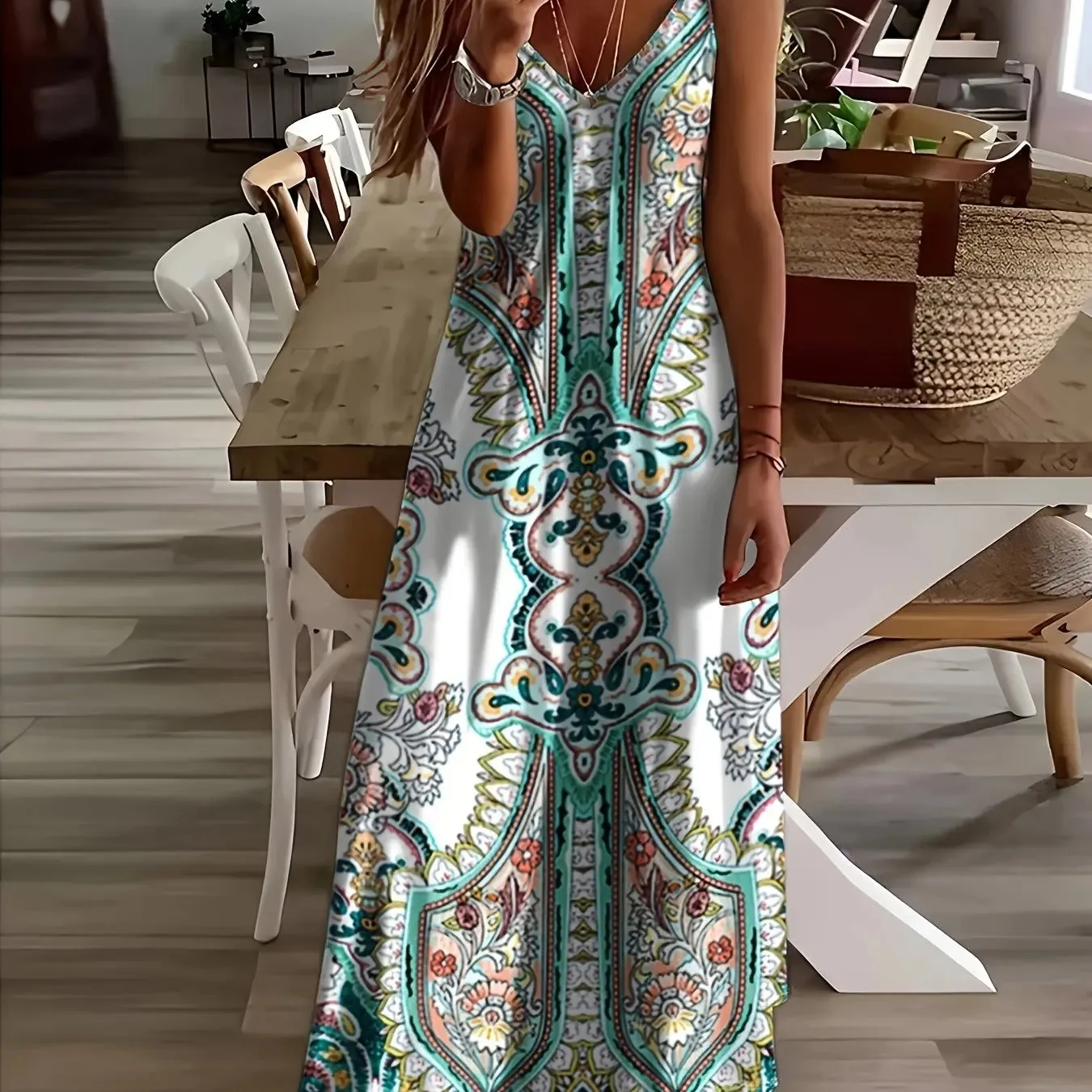 Women's Summer Dresses Casual Fashion Ankle Sleeveless Bohemian Print Beach Resort Style Long Dress