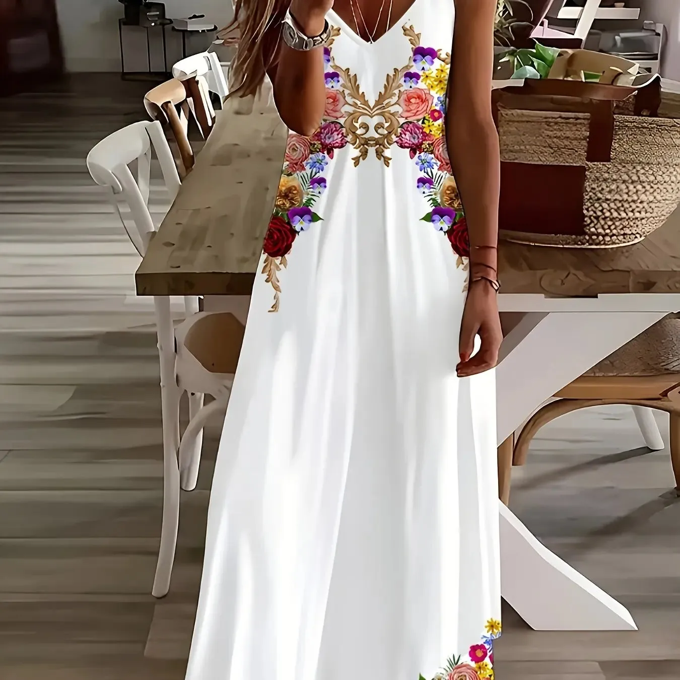 Women's Summer Dresses Casual Fashion Ankle Sleeveless Bohemian Print Beach Resort Style Long Dress