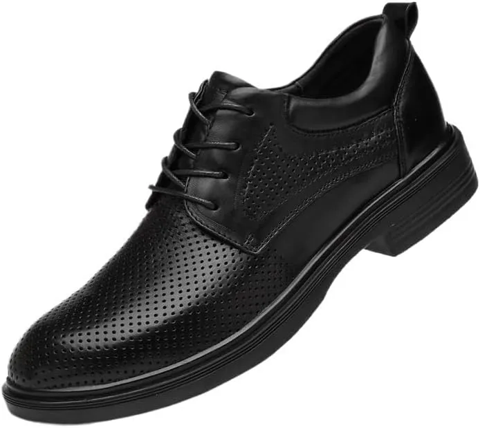 YZABEL Men's Leather Lace-Up Business Casual Shoes, Summer Pointed Toe Breathable Hollow Oxfords Dress Shoes, Soft-Soled Non-Slip for Formal and Everyday Wear