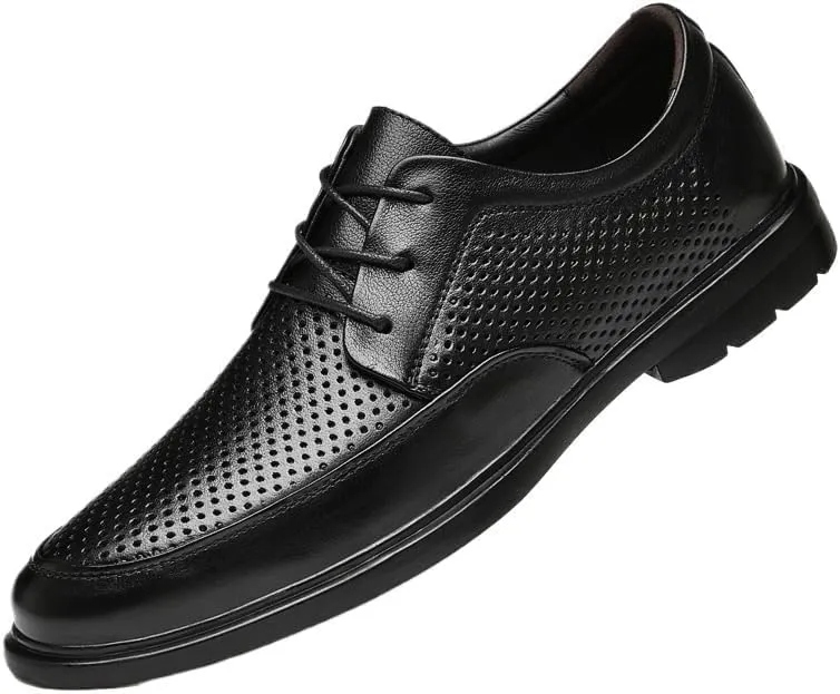 YZABEL Men's Leather Lace-Up Business Shoes, Pointed Toe Breathable Hollow Oxfords Dress Shoes, Rubber Non-Slip for Daily Commuting Activity