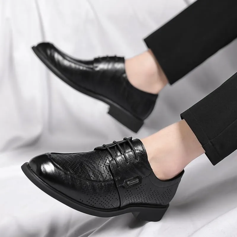 YZABEL Men's Leather Lace-Up Business Shoes, Pointed Toe Breathable Hollow Oxfords Dress Shoes, Soft-Soled Non-Slip for Formal and Everyday Wear