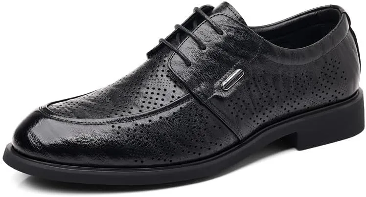 YZABEL Men's Leather Lace-Up Business Shoes, Pointed Toe Breathable Hollow Oxfords Dress Shoes, Soft-Soled Non-Slip for Formal and Everyday Wear