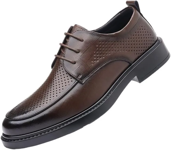 YZABEL Men's Leather Lace-Up Business Shoes, Summer Pointed Toe Oxfords Dress Shoes, Breathable Hollow Lightweight Comfortable for Daily Commuting Activity