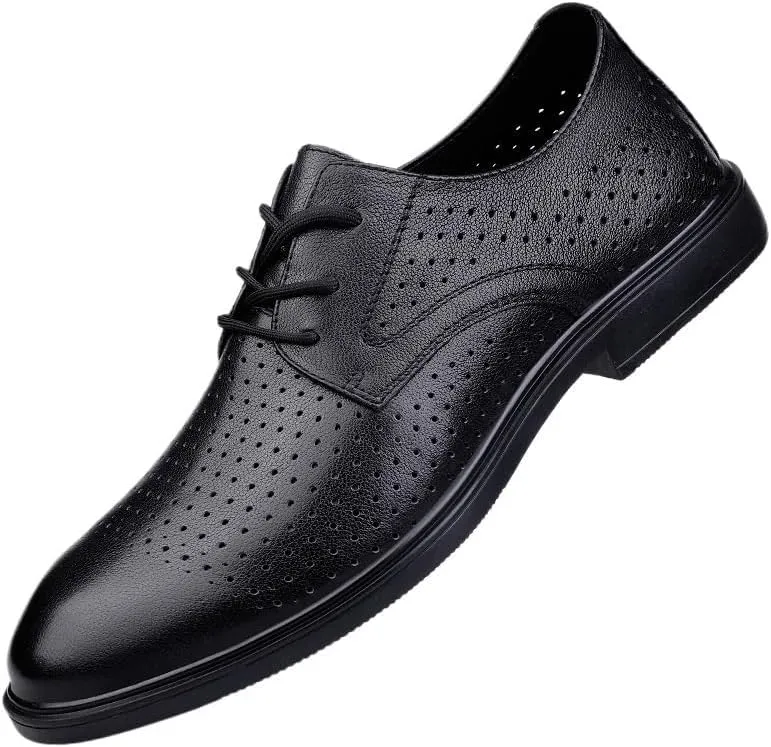 YZABEL Men's Leather Lace Up Dress Oxford Shoes, Breathable Hollow Pointed Toe Casual Shoes, Lightweight Comfortable for Daily Commuting Activity