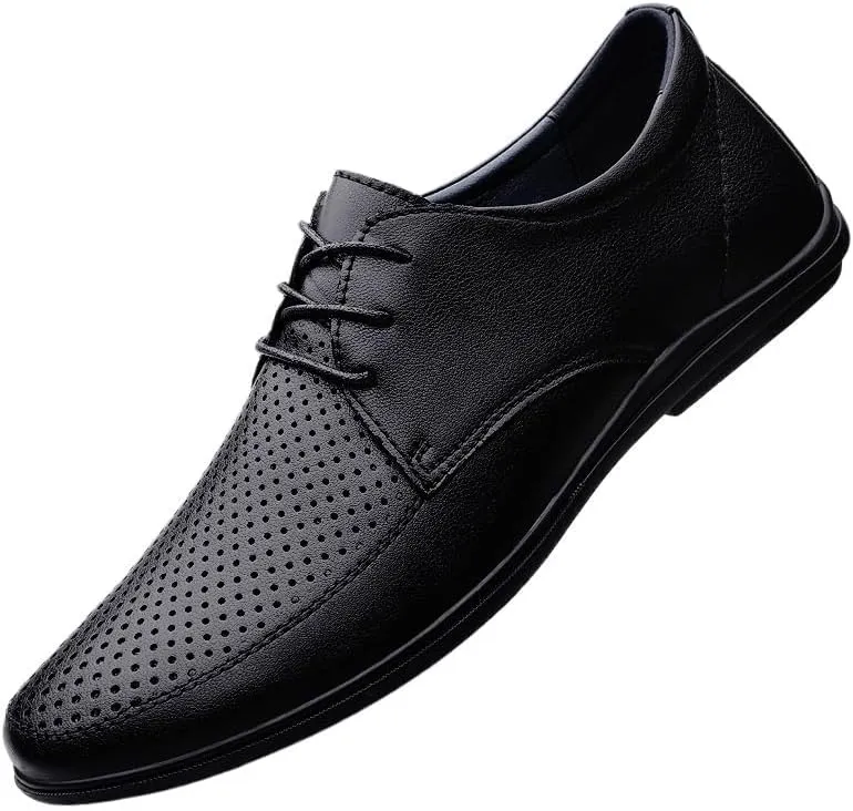 YZABEL Men's Leather Lace-Up Dress Oxfords Shoes, Pointed Toe Breathable Hollow Casual Shoes, Rubber Non-Slip for Daily Commuting Activity