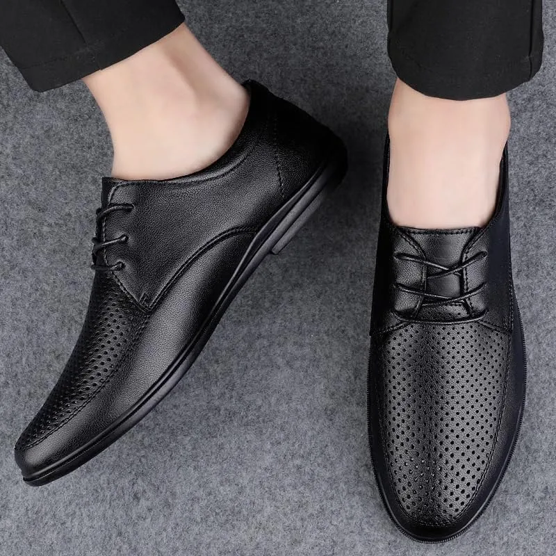YZABEL Men's Leather Lace-Up Dress Oxfords Shoes, Pointed Toe Breathable Hollow Casual Shoes, Rubber Non-Slip for Daily Commuting Activity