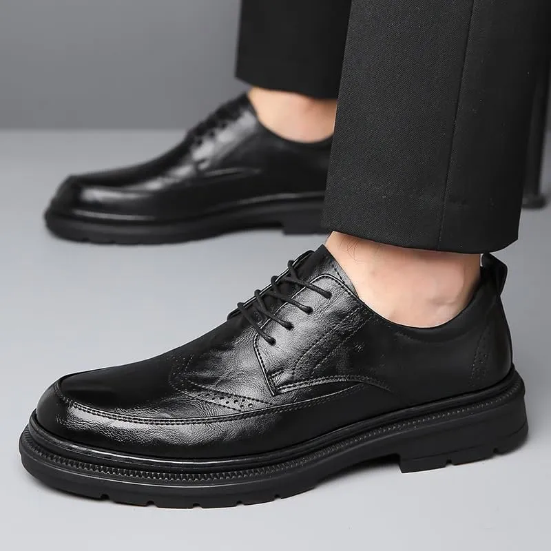 YZABEL Men's Leather Lace-Up Platform Business Shoes, Pointed Toe Printed Oxfords Dress Shoes, Rubber Non-Slip for Formal and Everyday Wear