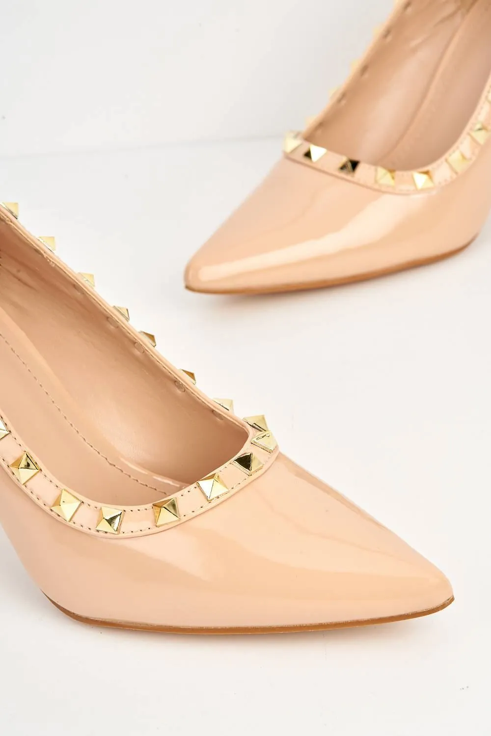 Zafira Gold Studded Court Shoes in Nude Patent