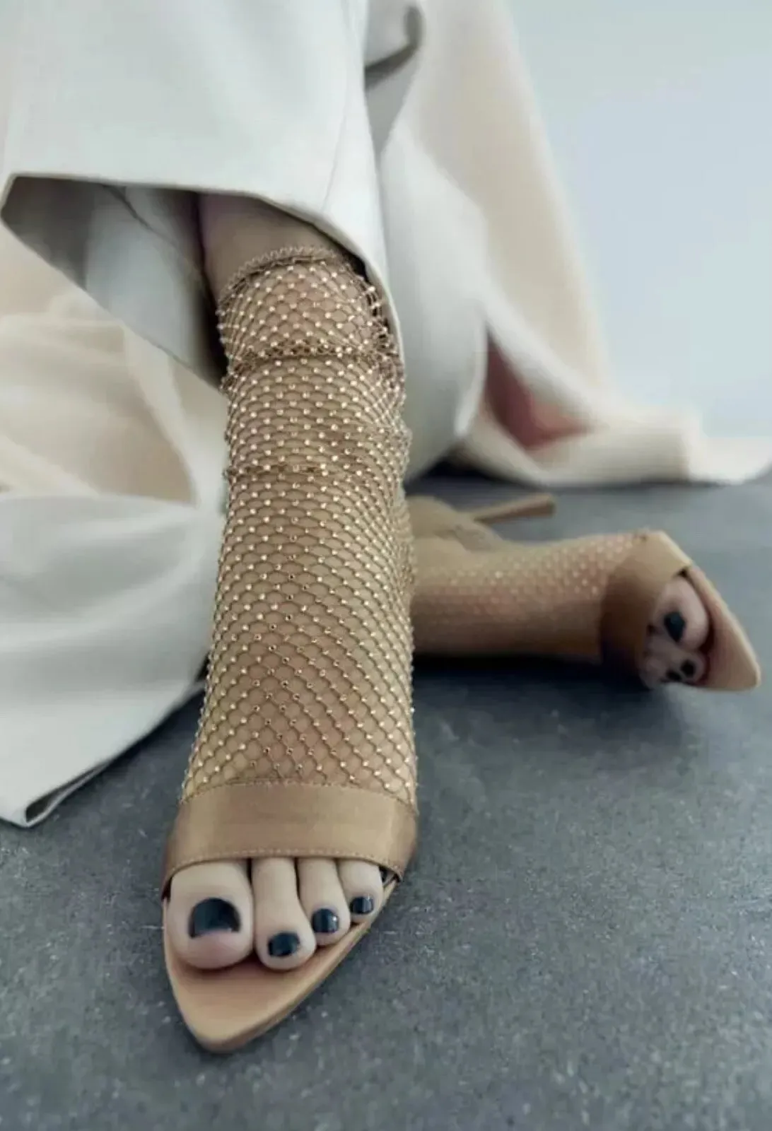 ZARA EMBELLISHED SOCK PEEP-TOE BOOTIE IN NUDE